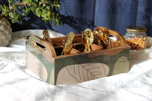 Image of Monstera Hut Abstract Aura Mangowood Cutlery Caddy | Wooden Cutlery Stand Storage Organiser|Cutlery Spoon Stand For Dining Table Chammach Stand|Multipurpose Cutlery Holder |Size23x17x10 cm