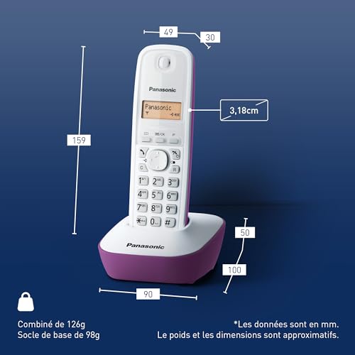 Panasonic KX-TG1611FRF Téléphone Numérique Sans Fil, Base et Combiné, Identification de l'Appelant, Batterie Longue Durée, LCD, Répertoire, Mémoire de Rappel, Réveil, RÉPONDEUR Toute Touche, Violet