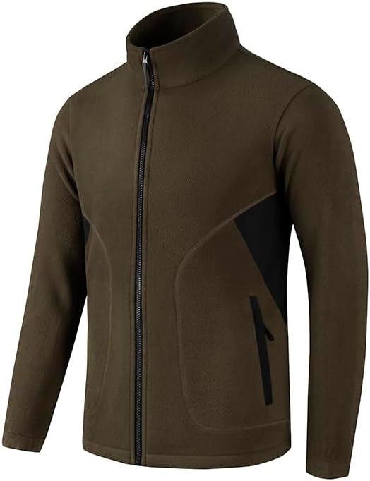 Men's Full Zip Fleece Jacket, Stand Collar, Warm Thick 100% Polyester, Black