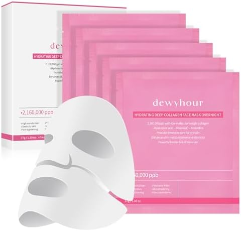 dewyhour Collagen Face Mask: 5 Pack Hydrating Deep Collagen Mask Overnight Sheet Mask with Hyaluronic Acid | Firming & Elasticity Skin, Korean Skincare, Pore Minimizing, Glass Glow Skin