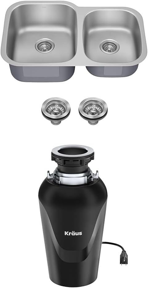 KRAUS Premier 32-inch Undermount 60/40 Double Bowl with Low Divider 18-Gauge Stainless Steel Kitchen Sink with WasteGuard Continuous Feed Garbage Disposal, KBU24-100-75MB