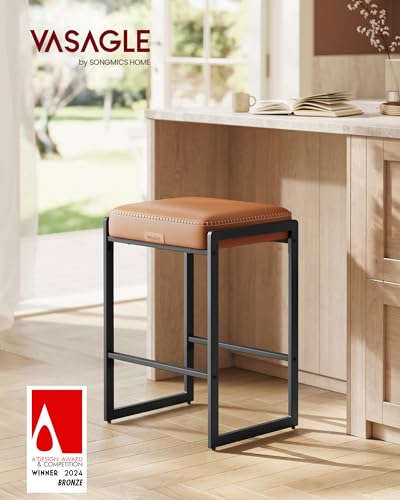 Image of VASAGLE EKHO Collection - Bar Stool, Counter Height Bar Stool, Synthetic Leather with Stitching, Mid-Century Modern, 26-Inch Tall, Kichen Home Bar Dining Room, Caramel Brown ULBC186K01S