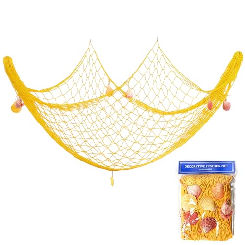 Filet de pêche pour décoration murale thème plage 150 x 200 cm jaune coquillage