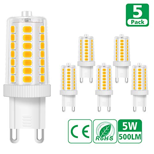 KINGSO Paquete de 5 bombillas G9 LED 5W 500LM Reemplaza la bombilla halógena 40W Blanco cálido 3000K de haz sin parpadeo Bombillas de maíz AC220-240V para sala de estar Dormitorio Cocina