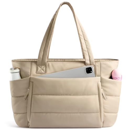 Uselike Tote Bag for Women with Zipper, Quilted Puffer Tote Bag with Compartments, Lightweight Puffy Work Bags for Women Travel (Light Khaki)