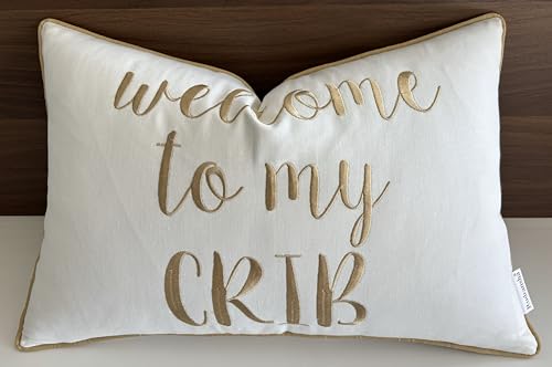 Image of Rudransha Welcome to My Crib Embroidered Lumbar Accent Throw Pillow Cover - Nursery Decor - 12x18, Ivory-Beige