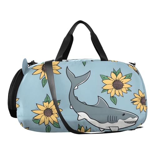 Duffle Bag Kids Gym Bag with Shoes Compartment & Wet Separation Overnight Travel Duffel Bag Shark and Sunflower for Girl Boy2
