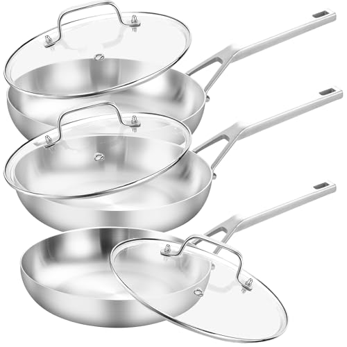 Yeksum 3 Ply Stainless Steel Pan Set, 8" 10" 12", Fast & Even Heating, Up to 650F, Oven & Dishwasher Safe, Compatible with All Cooktops