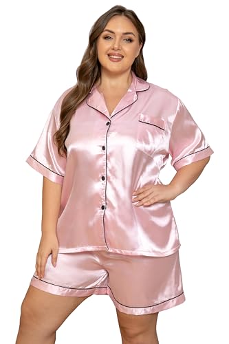 Image of Vozanet Women's Short Sleeve Satin Pajama Sets Silky Ladies Button Down Loungewear Plus Size Nighty Shorts Sets XL to 5XL