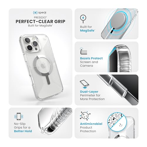 Image of Speck Presidio Clear MagSafe Case - Slim iPhone 16 Pro Max Case - No-Slip Grip - 13ft Drop Protection - Clear /Chrome