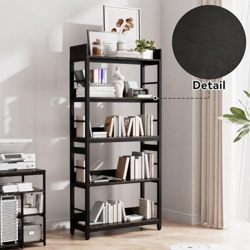 Image of 5-Tier Kitchen Organizer Rack Shelf | Heavy Duty Metal & Wooden| Industrial Bookcase | Kitchen Storage Office & Living Room | Black | 80x30x166 cm