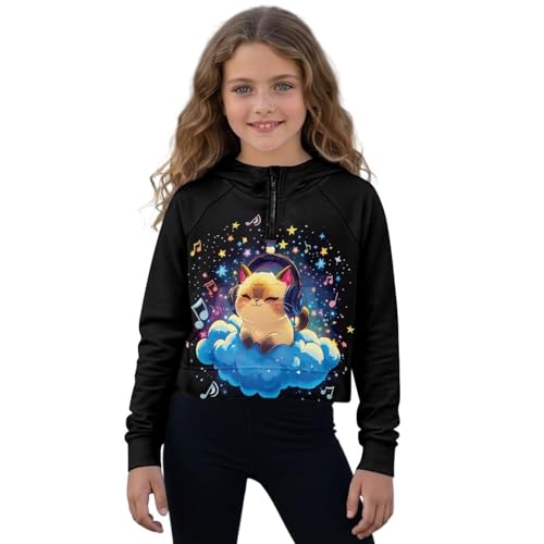 Sweat à capuche fille avec demi-fermeture éclair, vêtement automne-hiver 5-14 ans motif chat étoilé