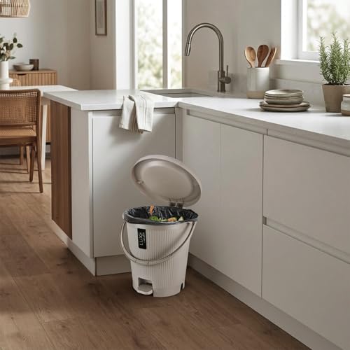 Image of KOLORR Luxe Premium Plastic Pedal Dustbin | Modern Plastic Waste Bin, Trash can with Sleek Design for Home, Kitchen, Office, Bathroom & Washroom - Medium, Sand Stone