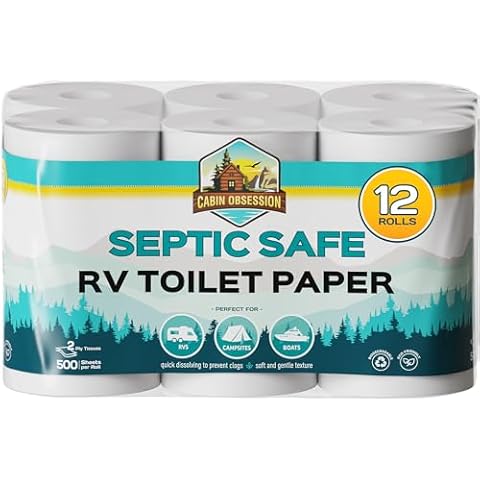 RV Toilet Paper - 12 Pack Septic Safe Toilet Paper 2-Ply Quick Dissolving Camper Toilet Paper Septic Safe to Prevent Clogs - Perfect for Automotive RVs, Septic Tank Systems, Boats, and Camping Cover