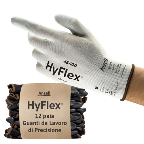 Ansell HyFlex 48-100 Guanti da Lavoro Sottili, Fodera Elastica con Rivestimento in Poliuretano, Protezione Professionale per Usi Generali e Manipolazioni Delicate, Bianco, Taglia S (12 Paia)