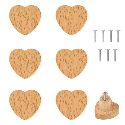 HIQE-FL Pomo de Muebles,6 Piezas Tiradores Cocina en Forma de Corazón en Madera,Pomos para Cajones con Tornillos,Tiradores para Cajones Madera