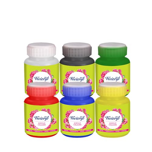 Image of Fevicryl Acrylic Colours, Pack of 6 Shades X 100ML Each| DIY Kit | Art & Craft | Paint on Canvas, Wood, Earthenware, Stone, thermocol, Metal, Leather, Glass | Ideal for Artists, Beginners and Gifting