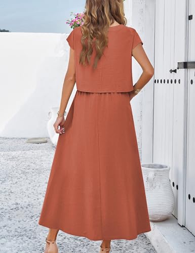 HangNiFang Summer Skirt Sets Women 2 Piece Outfits Cap Sleeve Top Elastic Waist Lightweight Maxi Dress Sets with Pockets4