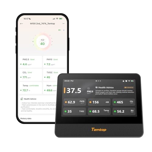 Temtop Monitor de Calidad del Aire WiFi, Pantalla Táctil de 7 Pulgadas, Detector de CO₂ y Probador de PM2.5/PM10/TVOC/Temperatura/Humedad para Interiores M100 2nd