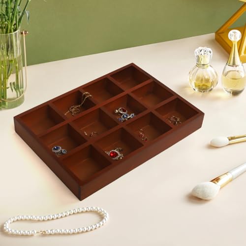 Image of Nsmykhg Wooden Drawer Organizer, 2 Pack 12 Grid Sorting Tray for Arts & Crafts, Stationery, Small Items, Dark Brown, Divided Tray, Home Office & Craft Supplies Organizer (13.2x9.2x1.5 Inches)