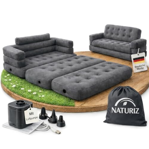 Naturiz® Pull Out Sofa 165x220cm - Camping Sofa mit Bettfunktion - Gästebett 2 Personen - Aufblasbares Sofa mit Tragetasche - kleines Mini Sofa, Mini Couch, Luftsofa (Grau, mit Pumpe)