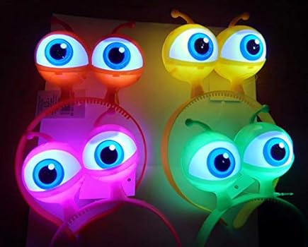 Haarband met knipperende leds, grote ogen, aliens, groen, blauw, roze licht (rood