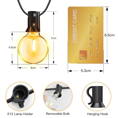 Ollny Festoon Lights Outdoor 15m, LED String Light Mains Powered, with Plug/25+2 Shatterproof G40 Bulbs/Hook, Bright Warm White Lighting Outside Indoor Tree Garden Decorations - Image 3
