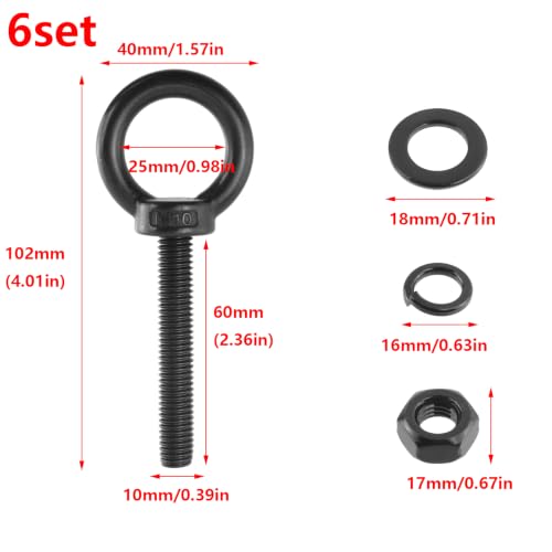 Image of Antrader Lifting Shoulder Eye Bolts,M10 Eye Bolt,M10 x 60mm,Black,6 Sets | Stainless Steel Eyebolts with Lock Nuts,Lock Washers,Flat Washers