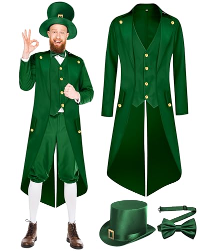 Mukum 3 PCS ST. Patrick's Day Costume Men Adult Green ST Patrick Day Costume with Steampunk Green Top Hat Bow Tie-XXL