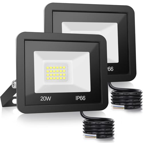 Foco Led Exterior 20W, Luz led Exterior Impermeable IP66, 24 LED 6000K Blanco Frío Floodlight para Casa, 2000LM Impermeable Foco Proyector LED Para Garaje, Patio, Terraza, Jardín - Negro 2 piezas