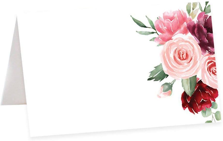Andaz Press Blush and Burgundy Floral Table Tent Place Cards for Wedding Party Tables, Seating Name Place Cards, Scored for Easy Folding Tent Design, 56 Pack, 2 x 3.5 Inches