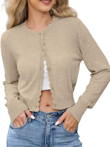 Lyrur Womens 2025 Fall Cropped Cardigan Lightweight Knit Bolero Shrug Long Sleeve Crewneck Business Casual Sweater (L,7068-Khaki)