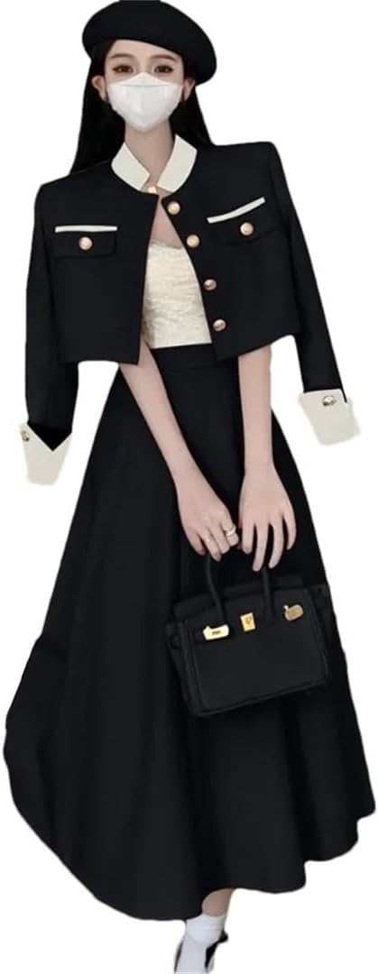 Women Two Piece Set Single Breasted Short Jacket Coat High Waist Midi Aline Skirts Office Elegant Set