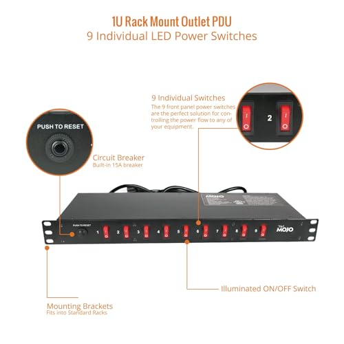 Image of Tecmojo 9-Outlet Rack Mount Overloading Protection Circuit Breaker PDU, with Individual Switch 6ft Cord for IT and Network Racks and Cabinets