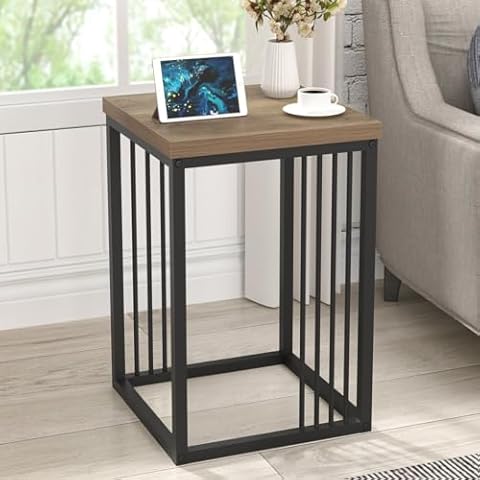 FOLUBAN Side Table, Industrial Bedside End Table for Living Room, Rustic Wood and Metal Nightstand for Bedroom, Oak Cover