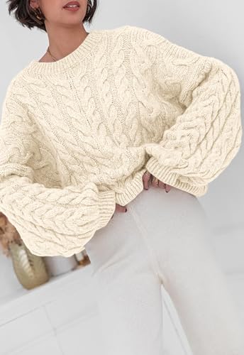 PRETTYGARDEN Womens Sweaters Spring 2026 Cable Knit Long Sleeve Crewneck Oversized Sweater Chunky Pullover Loose Outfits (Light Apricot, Medium) — view 2