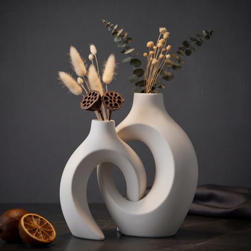 Image of PUREZENTO Abstract White Ceramic Donut Vase 8.4 & 6.8 Inch - Set of 2 | Decorative Hollow Donut Vase for Dried Flowers & Pampas Grass | Vases for Modern Home Decor, Living Room, Office Decor Ideas