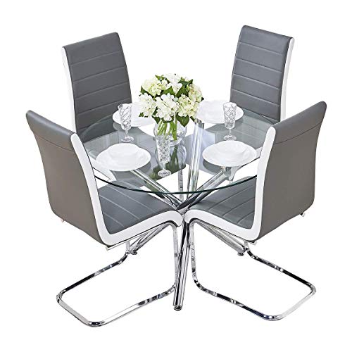 Lot de 4 chaises de salle à manger modernes en simili cuir gris avec table ronde en verre transparent et capitonnée, table de salle à manger en verre trempé