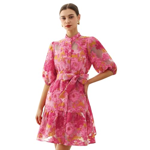 CHICWISH Women Floral Jacquard Mini Dress Puff Sleeves Mock Neck Button Garedn Party Organza Casual Dress with Belt2
