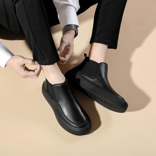 Men's Leather Platform Chelsea Boots Round Toe Comfortable Fur Lined Elastic Slip-On Casual Ankle Boots Mid-Top Business Work Dress Booties3
