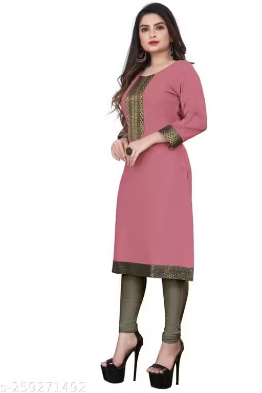 Image of Women Straight Woven Design Cotton Blend Round Neck 3 /4 Sleeve Kurti Only