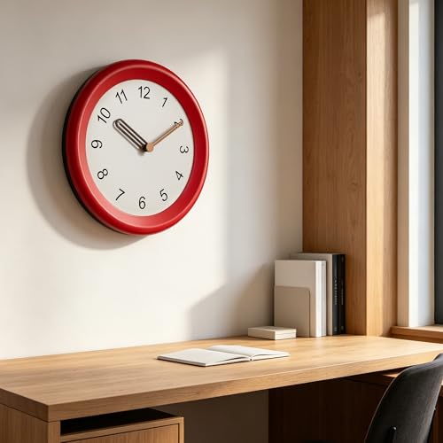 Image of Mosewa 10 Inch Red Wall Clock Silent Non-Ticking Quartz Battery Operated Analog Clock with Wood Hands, Easy to Read Minimalist Round Clock for Kitchen Living Room Bedroom Office
