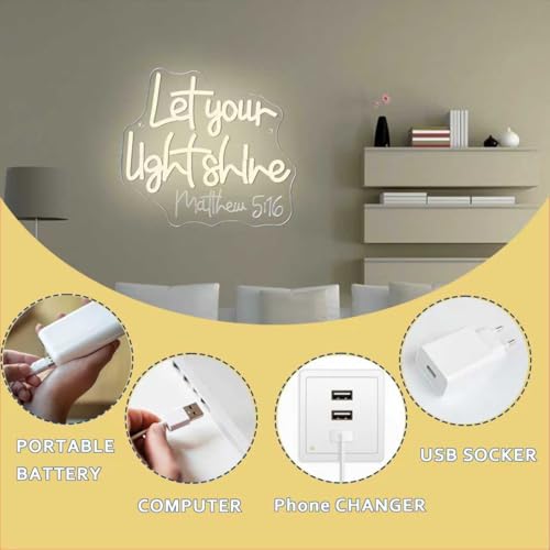 Image of Symone Let Your Light Shine Neon Sign, Jesus Neon Light USB Powered LED Dimmable, for Bible Scripture Prayer Room Christian Church Bedroom Easter Sign Decor(11.8 * 10.6 In)