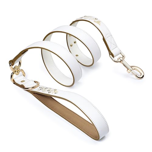 Blueberry Pet Elegante Western-Leine aus weißem Leder mit goldfarbenem Barock-Design