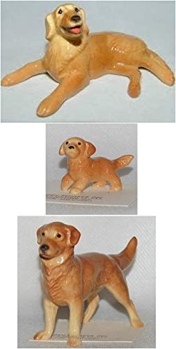 Hagen-Renaker Ceramic Golden Retriever Figurine Family of 3: Lying and Standing Adult Dogs and Puppy
