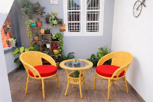 Image of India Garden Patio Seating Chair and Table Set Outdoor Balcony Garden Coffee Table Set Furniture with Table and Chairs Set (Honey with Red Cushion 2+1)