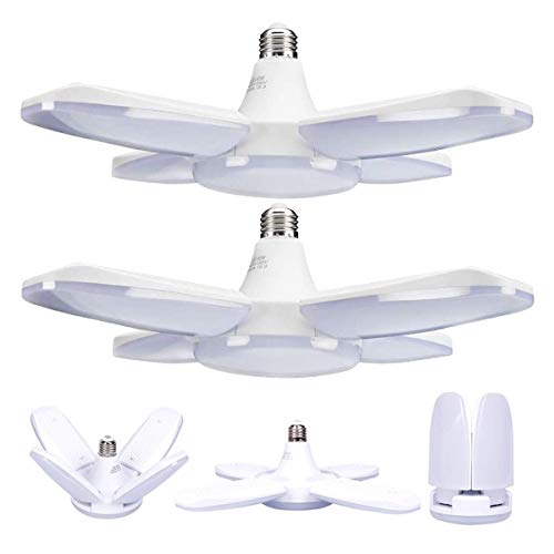 LED Garage Lights 2 Pack, Tribright Garage Ceiling Lighting 6000LM, 60W E26 / E27 Daylight Lamp with 4 Adjustable Panels for Garage, Workshop, Warehouse, Workbench, Barn, Warehouse, Shop, Basement