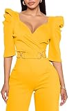 ZonJie Yellow Sexy Jumpsuits for Women Summer Plus Size Short Sleeve Party Rompers Dressy Club Wide Leg Long Pants,805 Yellow_X-Large