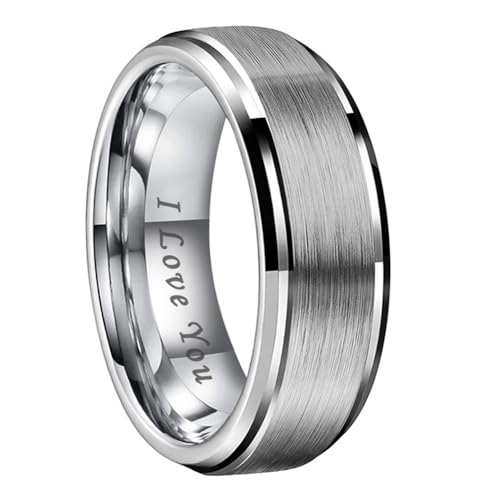 TUTISS 8mm Tungsten Rings for Men Women Engagement Wedding Bands Stepped Beveled Edges I Love You...