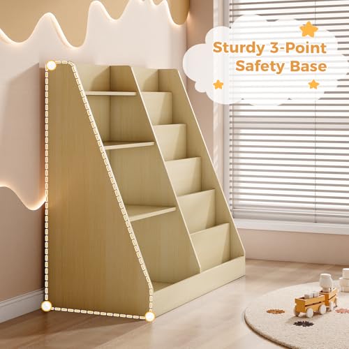 Image of Tatub 6 Tier Kids Wooden Bookshelf and Toy Storage, Children Toy Organizer with Upgraded Book Shelves, Toddler BookRack Baby Bookcase for Nursery, Playroom and Classroom, Natural Wood
